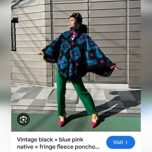 NWOT MW Exclusive Vintage Native-Fringe Fleece Poncho One Size Blue Pink Black